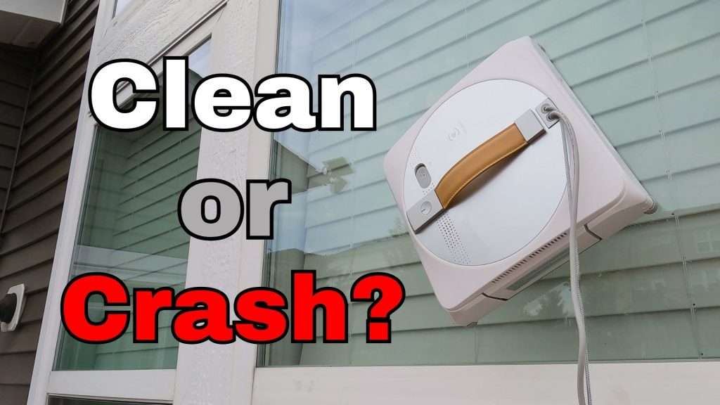 Ecovacs WinBot W1 Pro on a window with the caption Clean or Crash